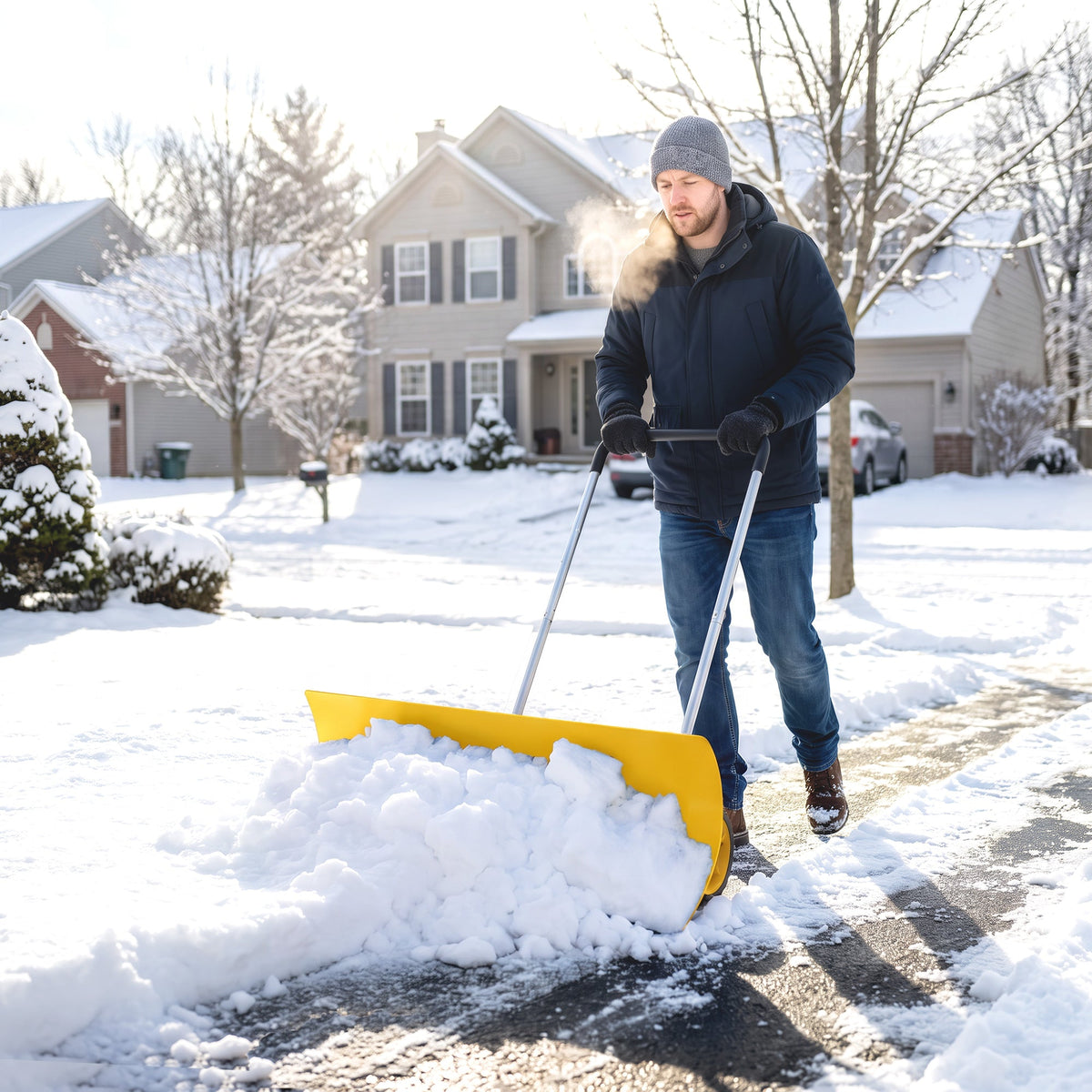 37" Extra-Wide Aluminum Snow Pusher with Wheels and Ergonomic Handle, Yellow — product view 3
