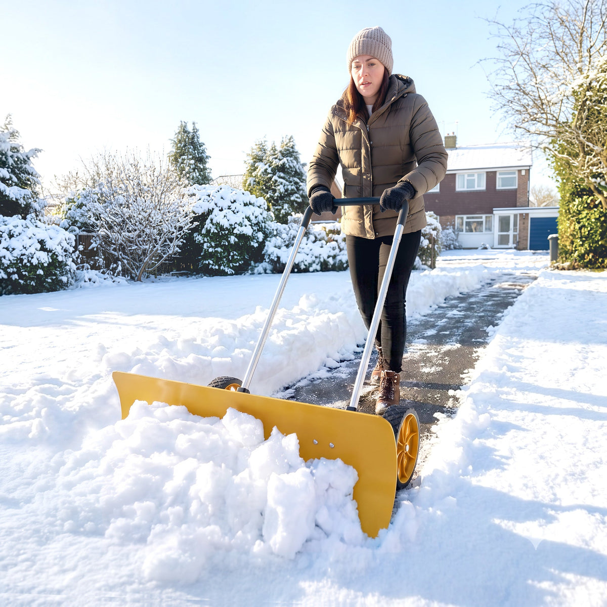 37" Extra-Wide Aluminum Snow Pusher with Wheels and Ergonomic Handle, Yellow — product view 4