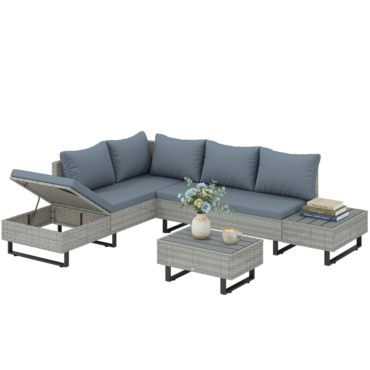 5-Seater Rattan Corner Sofa with Adjustable Backs, Table & Cushions, Grey — product view 1