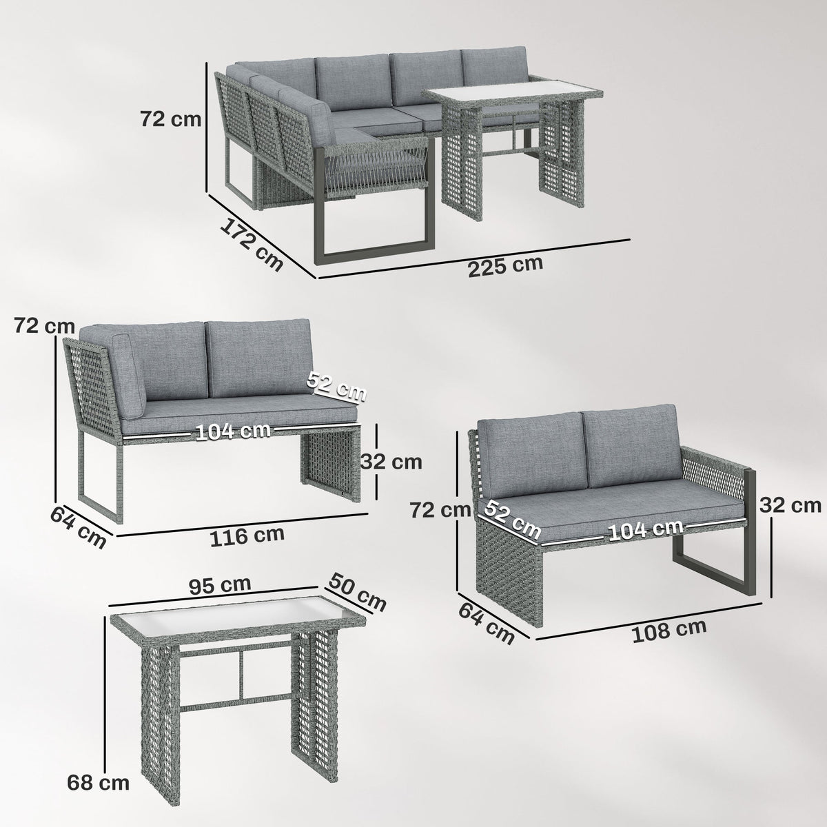 4 Piece Rattan Garden Furniture Set with 3 Loveseats, Grey — product view 5