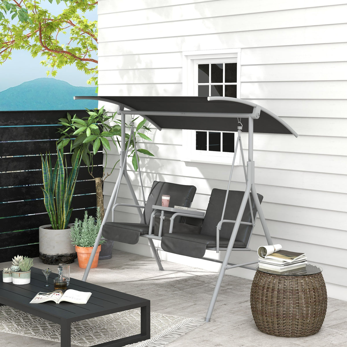 2-Person Porch Swing with Stand and Canopy, Gray — product view 4