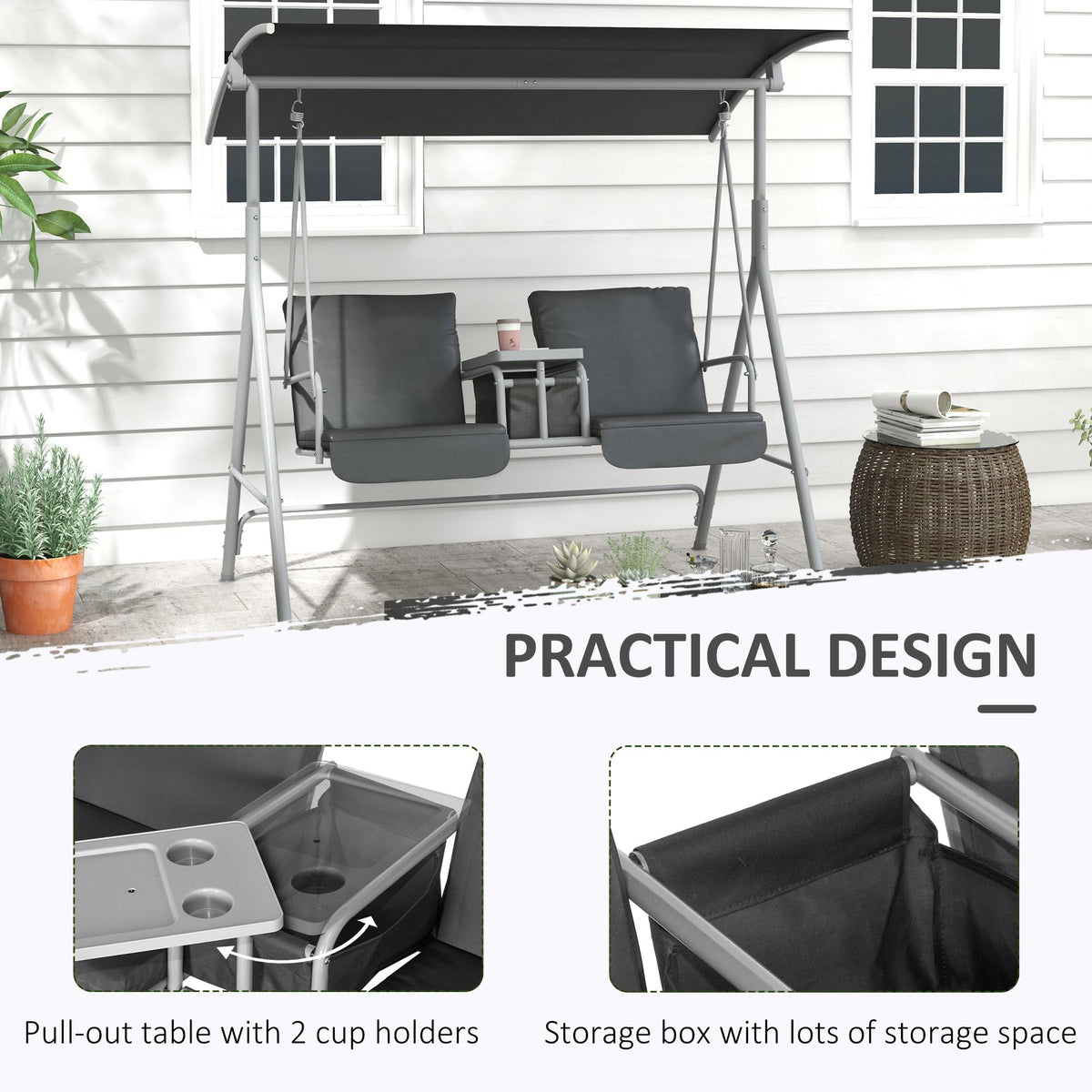 2-Person Porch Swing with Stand and Canopy, Gray — product view 7