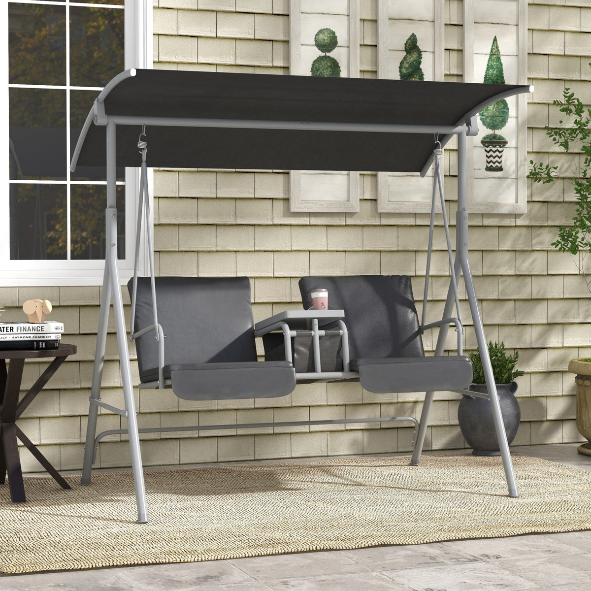 2-Person Porch Swing with Stand and Canopy, Gray — product view 3