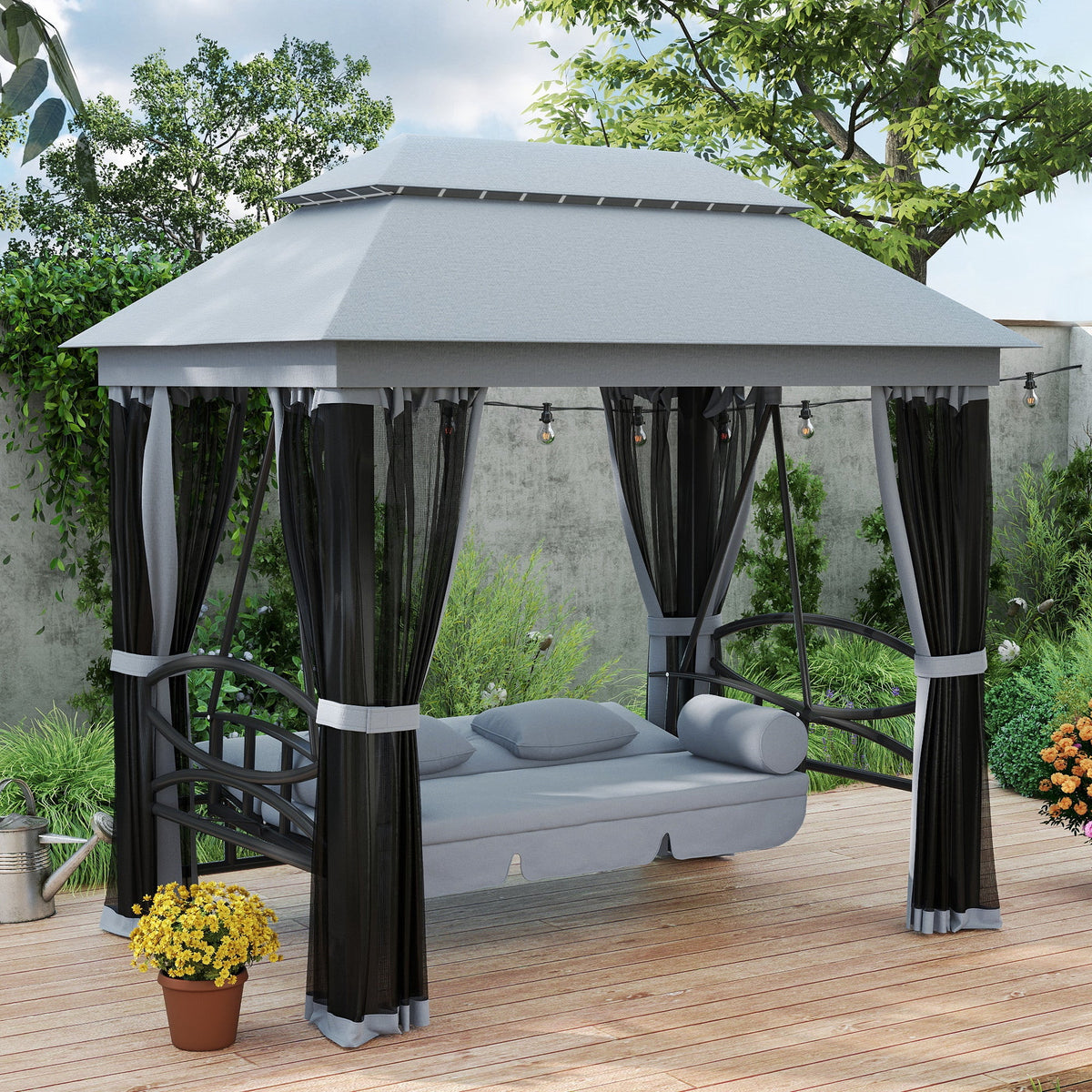 3-Seat Patio Swing Chair with Mesh Sidewalls, Gray — product view 3