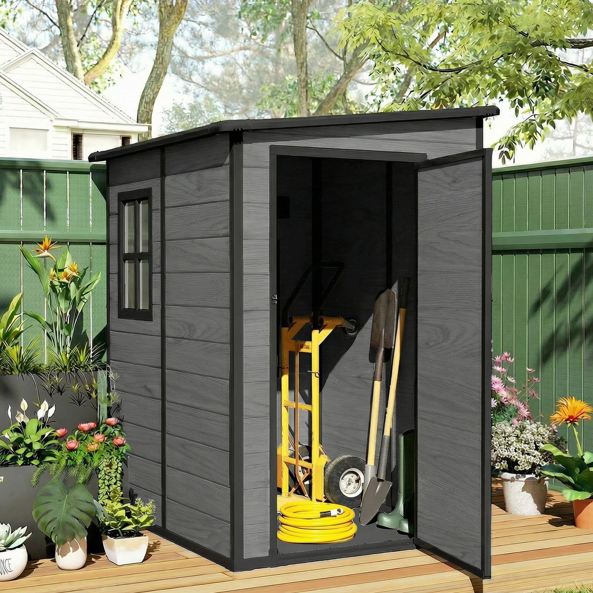 4 x 5FT Plastic Lean-to Garden Shed with Floor, Wood-Effect — product view 4