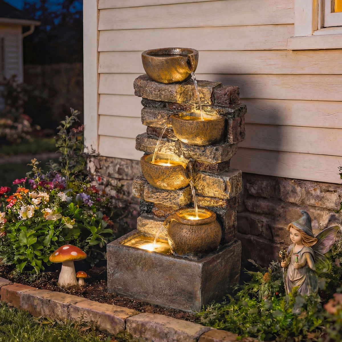 28" 5-Tier Outdoor Fountain with LED Lights and Adjustable Flow, Rustic Brown — product view 3