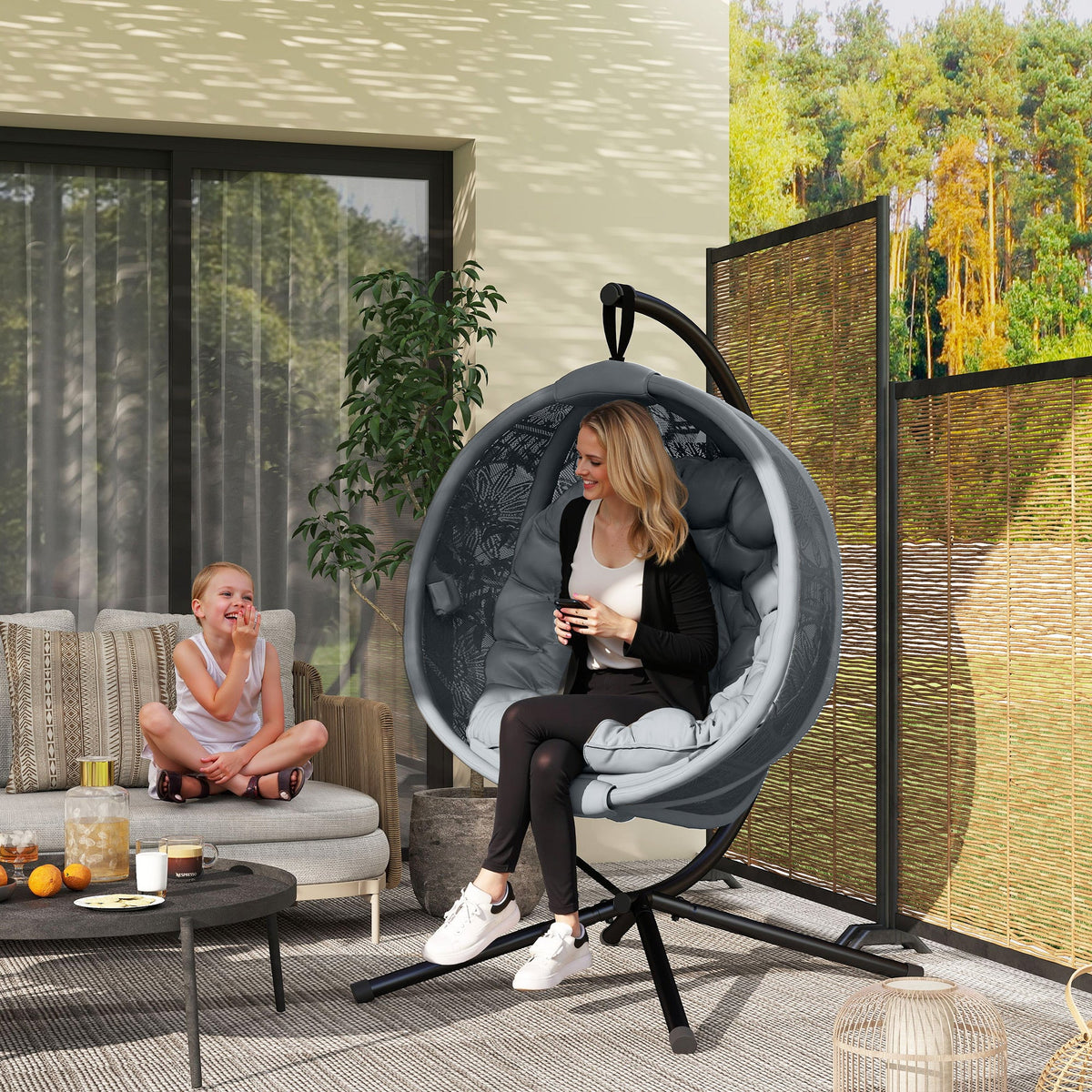 Outdoor Hanging Chair with Metal Stand, Foldable Basket & Side Pocket, Charcoal Grey — product view 4