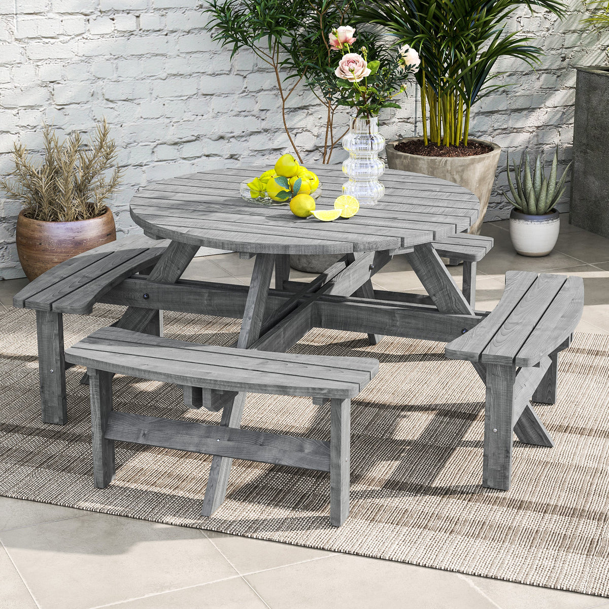 Wooden Patio Dining Set for 8 with Round Table and 4 Benches, Grey — product view 4