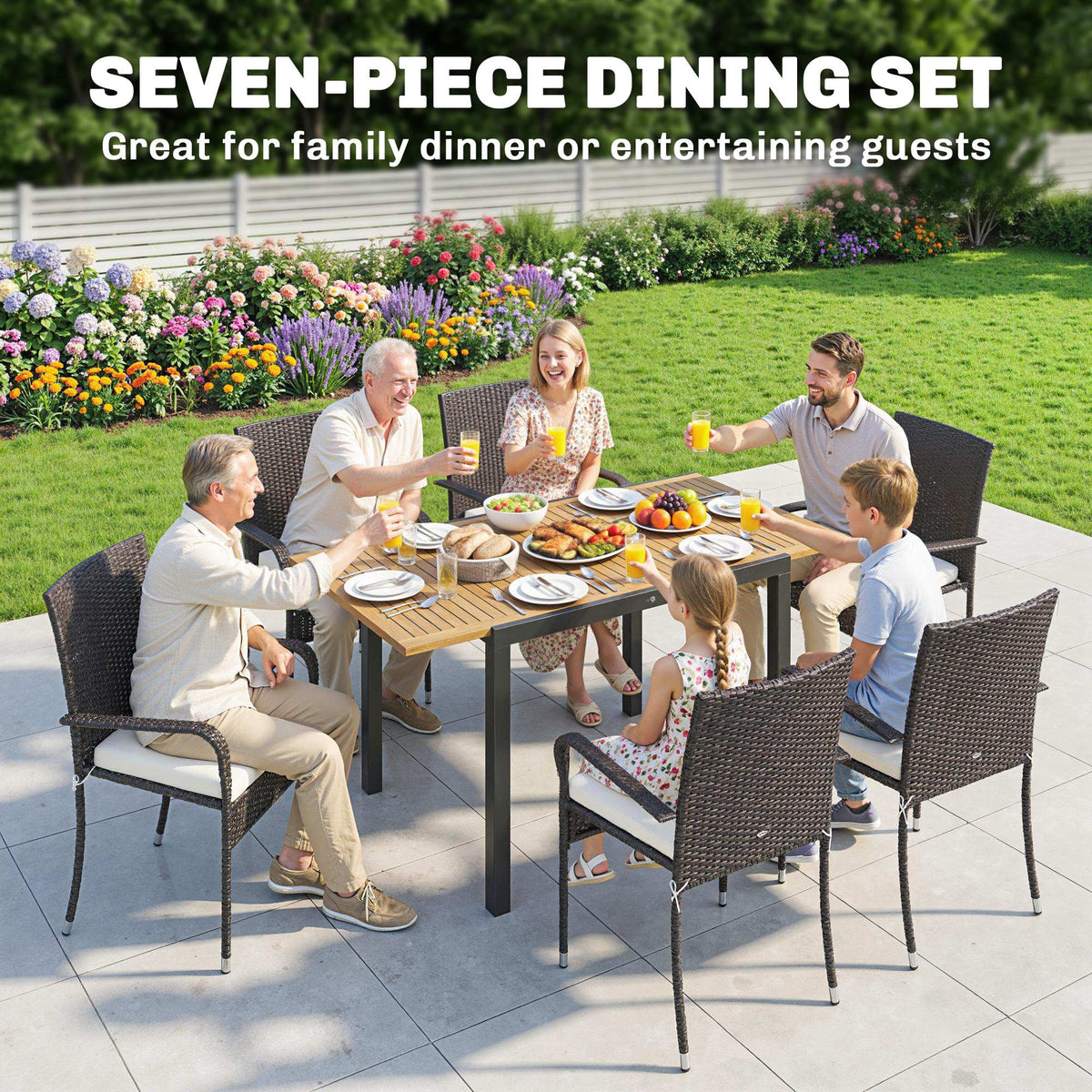 7-Piece Rattan 6-Seater Dining Set with Acacia Top and Cushions, Cream White — product view 6