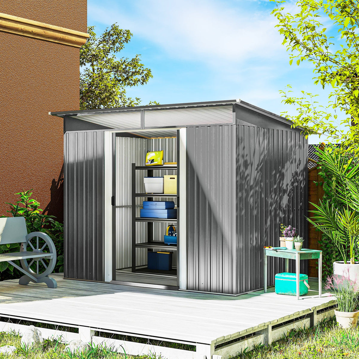 9ft x 6.5ft Metal Shed with Double Doors & Light Panels, Light Grey — product view 3