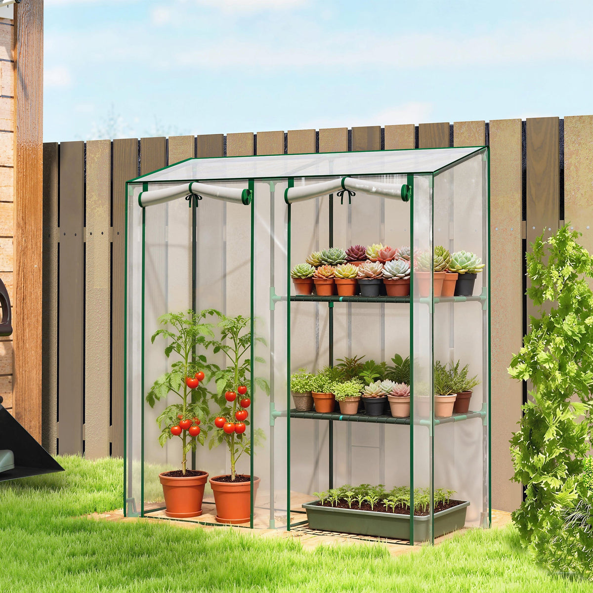 Mini Greenhouse with 3 Shelves and 2 Roll-up Doors, 56.3" x 17.7" x 59.4" — product view 3