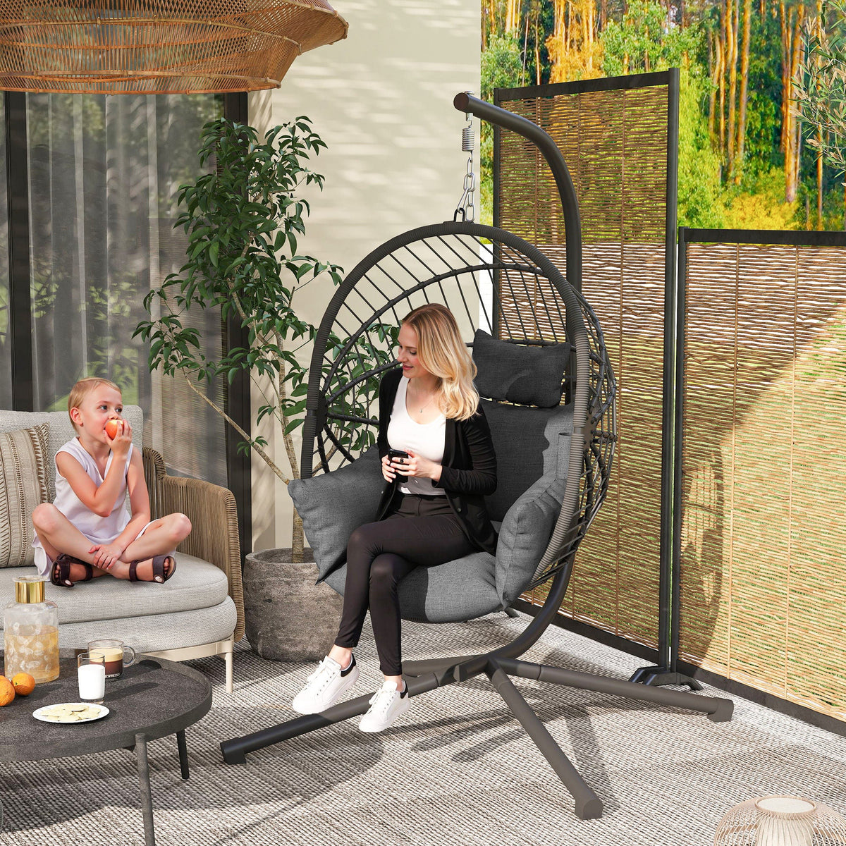 Hanging Egg Chair with Stand, Thick Cushion and Cup Holder, Grey — product view 3