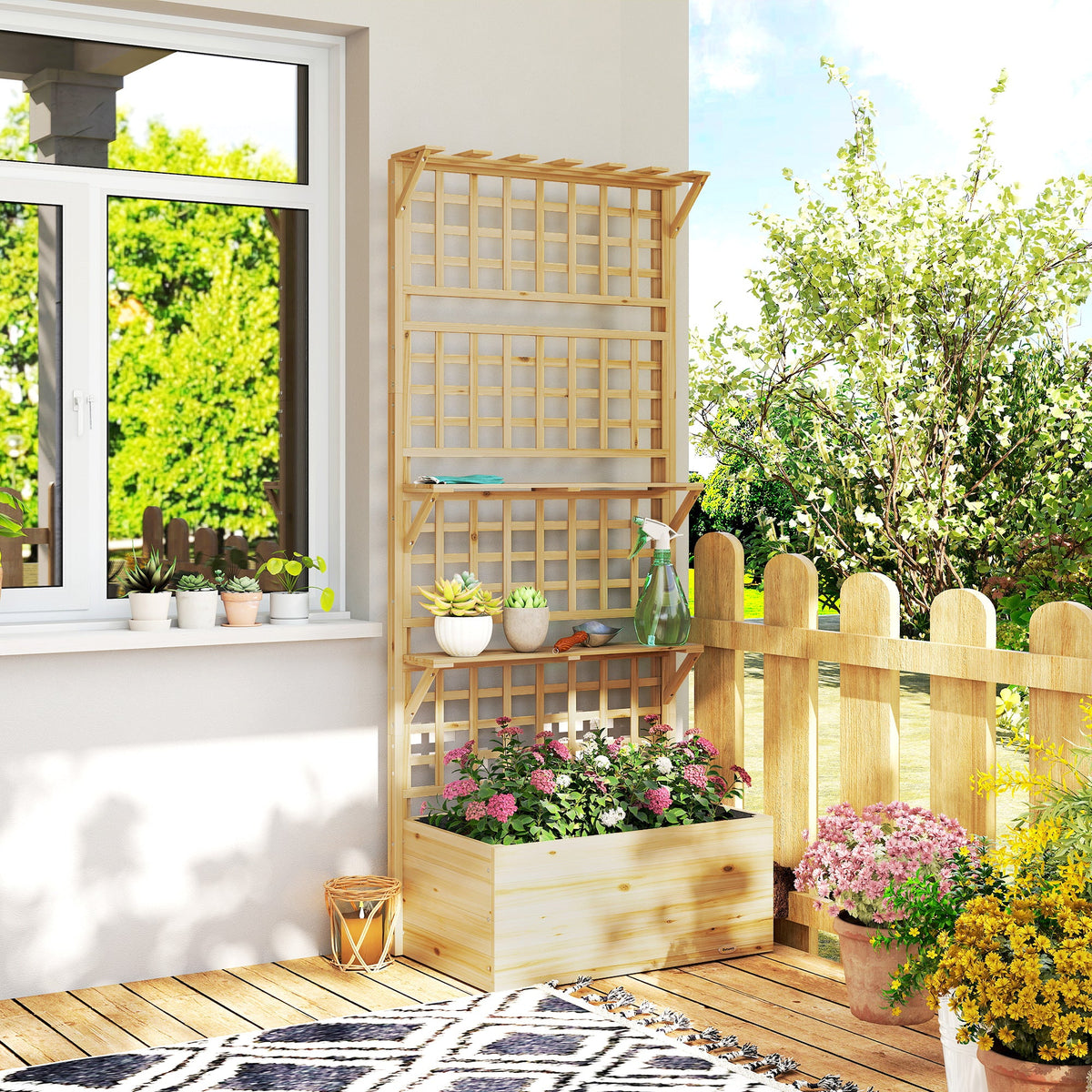 Raised Garden Bed with Trellis, Roof and 2 Shelves, Natural — product view 4