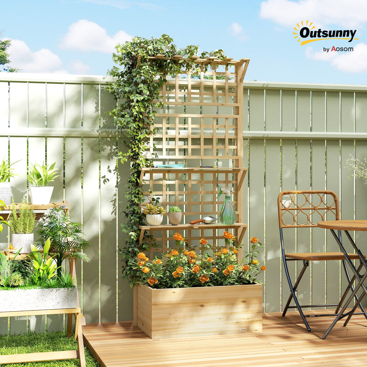 Raised Garden Bed with Trellis, Roof and 2 Shelves, Natural — product view 3