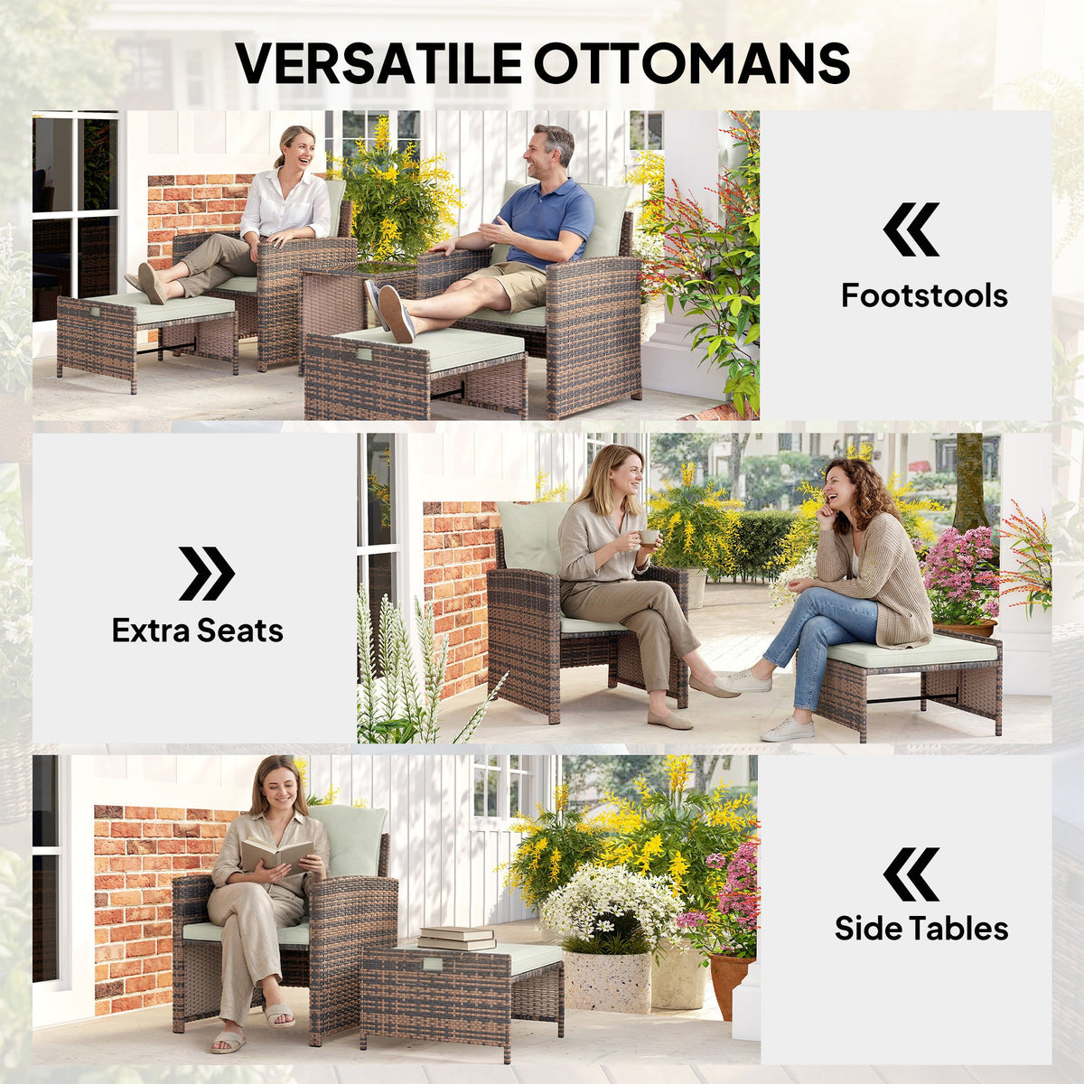 5-Piece Wicker Patio Set with Ottomans & 2-Tier Glass Coffee Table, Brown/Cream — product view 7