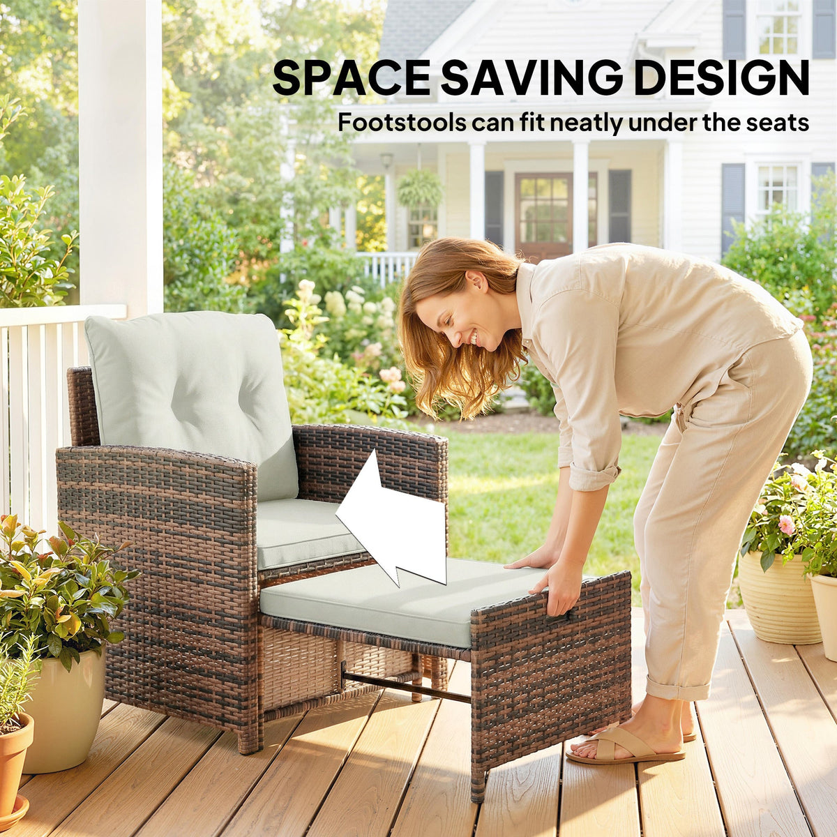 5-Piece Wicker Patio Set with Ottomans & 2-Tier Glass Coffee Table, Brown/Cream — product view 6