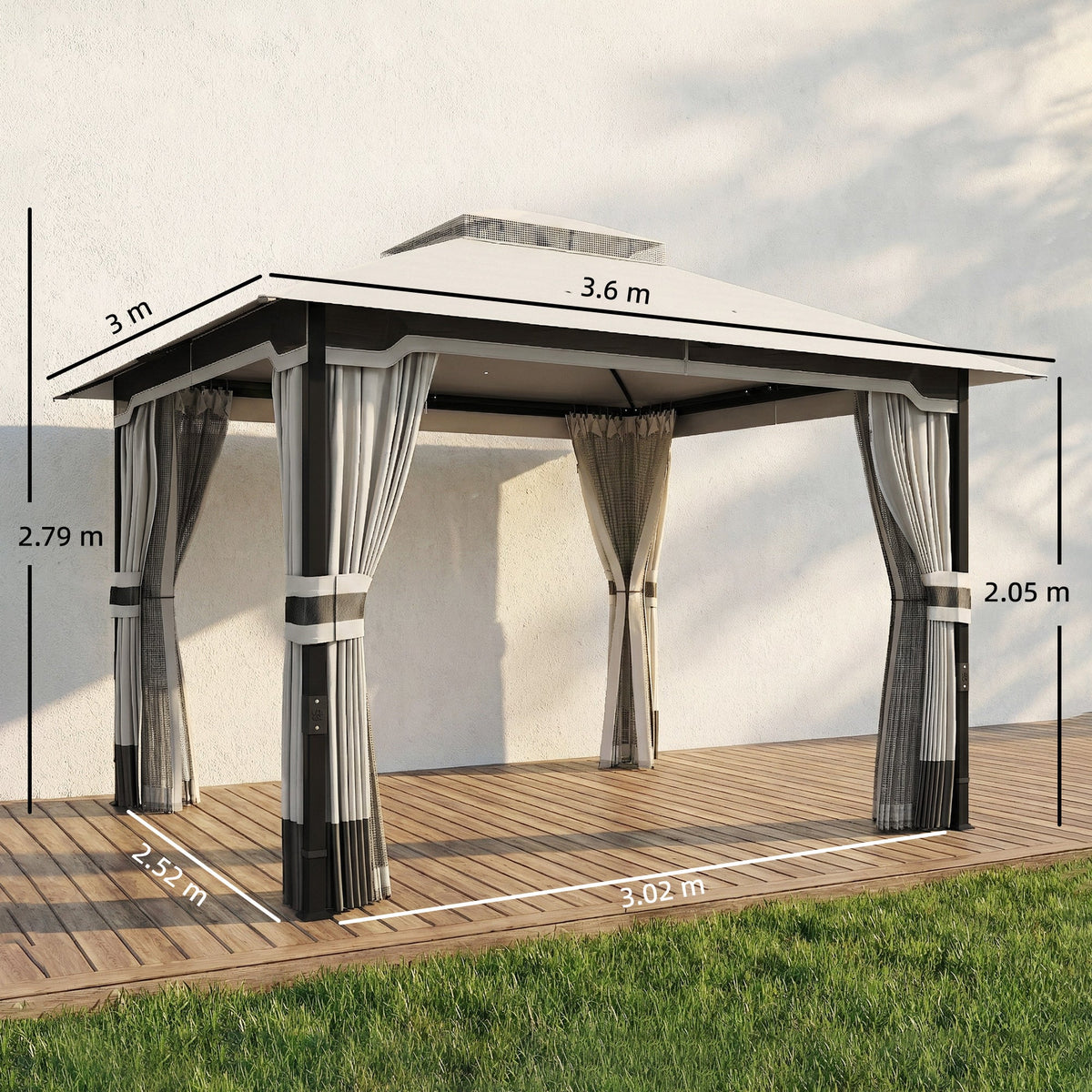 3 x 3.6 m Garden Gazebo with Double Roof, Netting & Curtains, Light Grey — product view 5