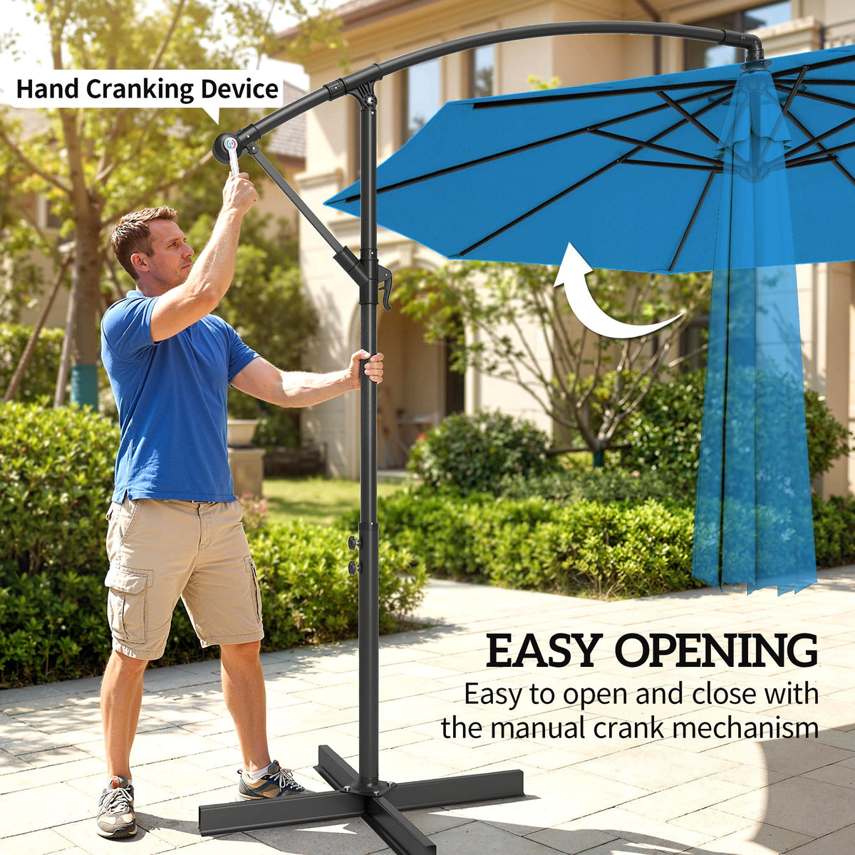 3 m Cantilever Parasol with Cross Base and Crank Handle, Blue — product view 6