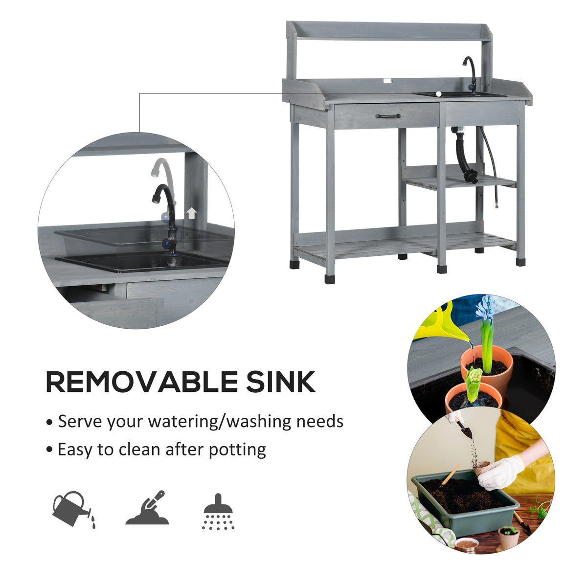 Potting Bench Table with Drawer, Removable Sink, Shelves and Hooks — product view 6