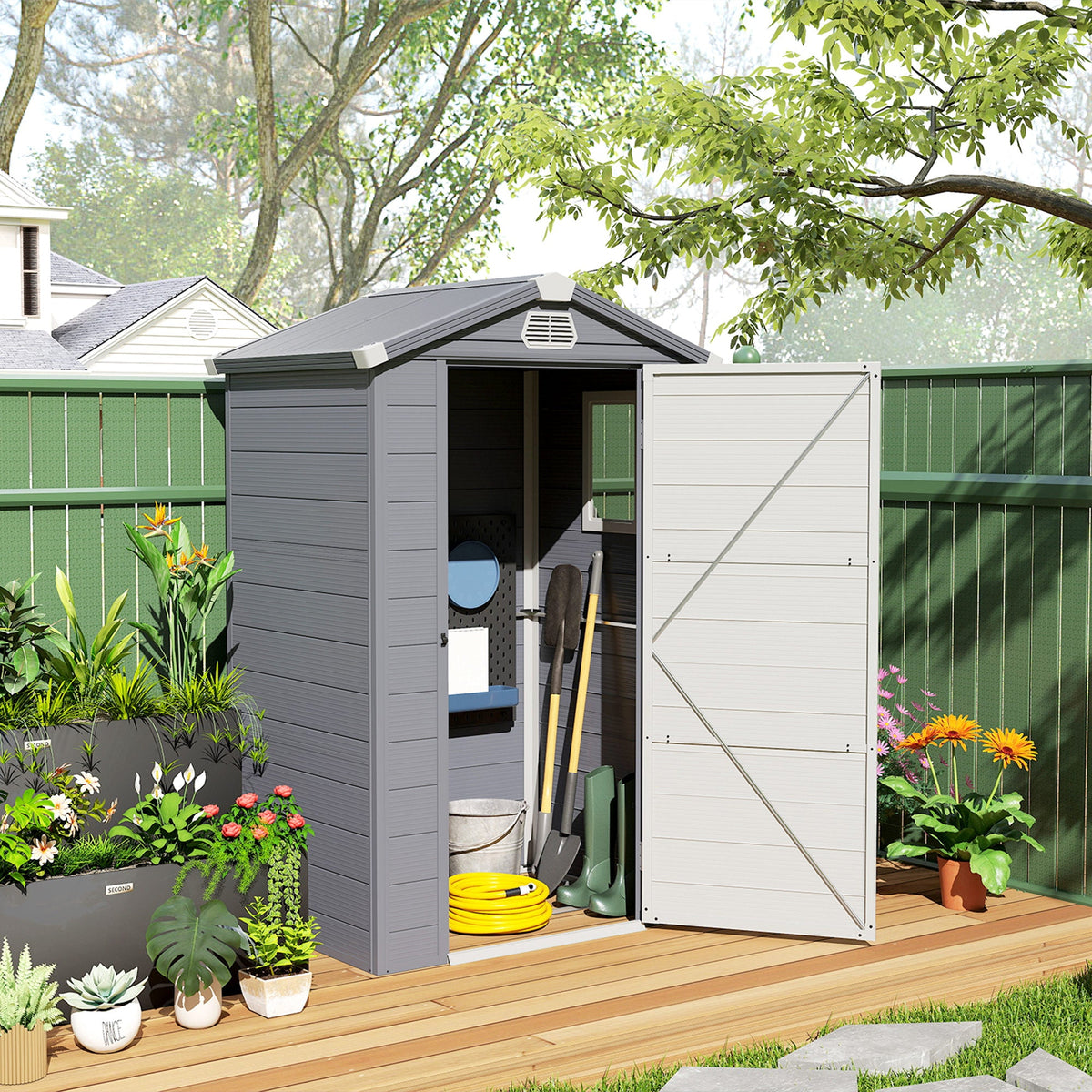 4.4' x 3.3' Garden Storage Shed with Aluminum Frame, Latched Door & Air Vents, Grey — product view 4