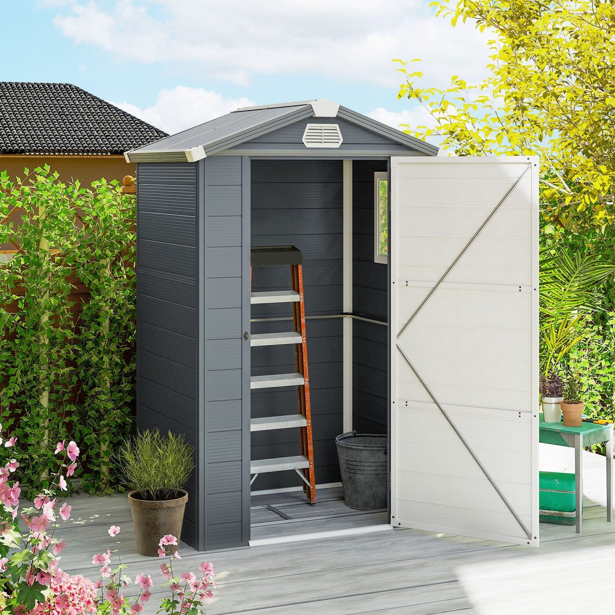 4.4' x 3.3' Garden Storage Shed with Aluminum Frame, Latched Door & Air Vents, Grey — product view 3