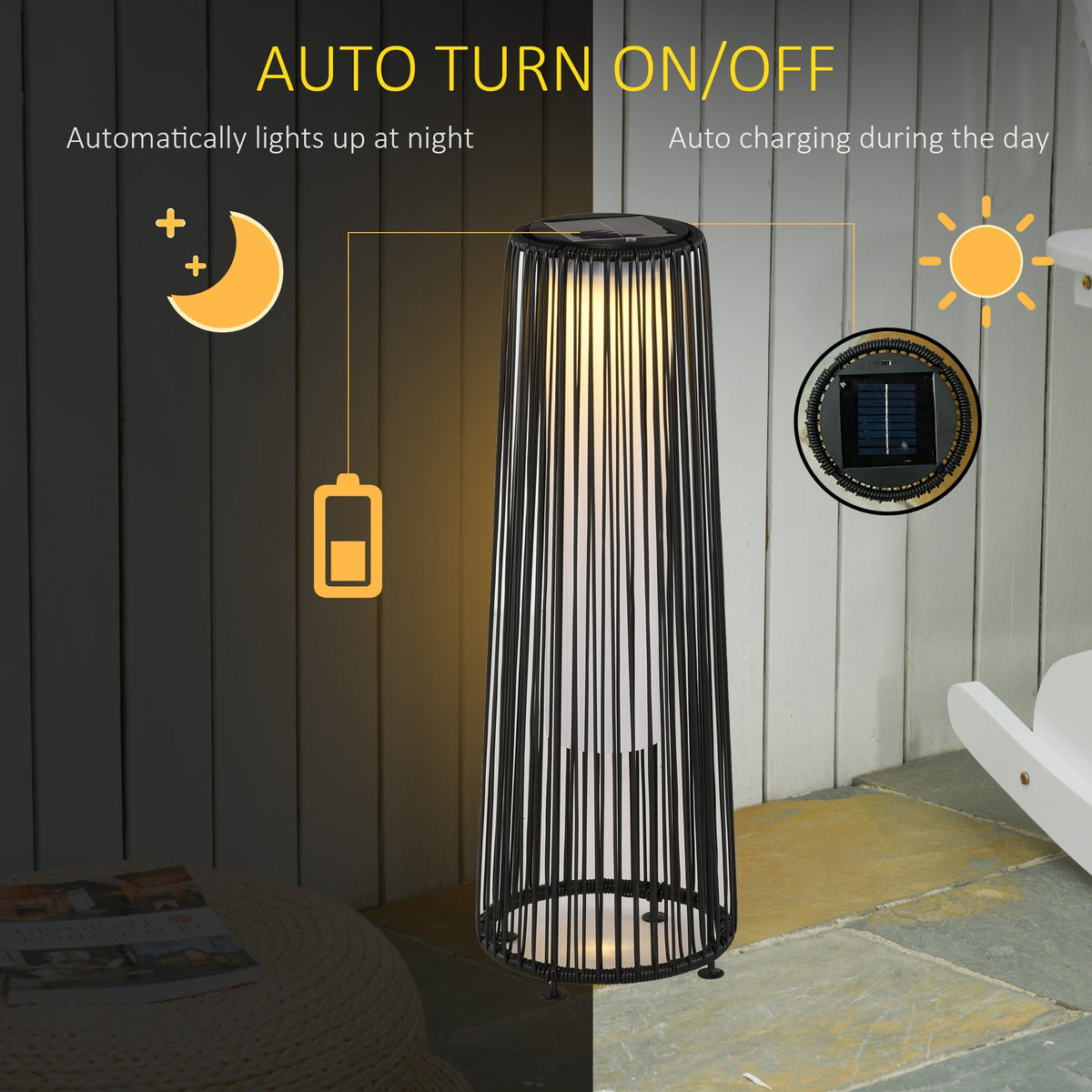24" Wicker Solar Floor Lamp with Auto On/Off LED Lights, Black — product view 6