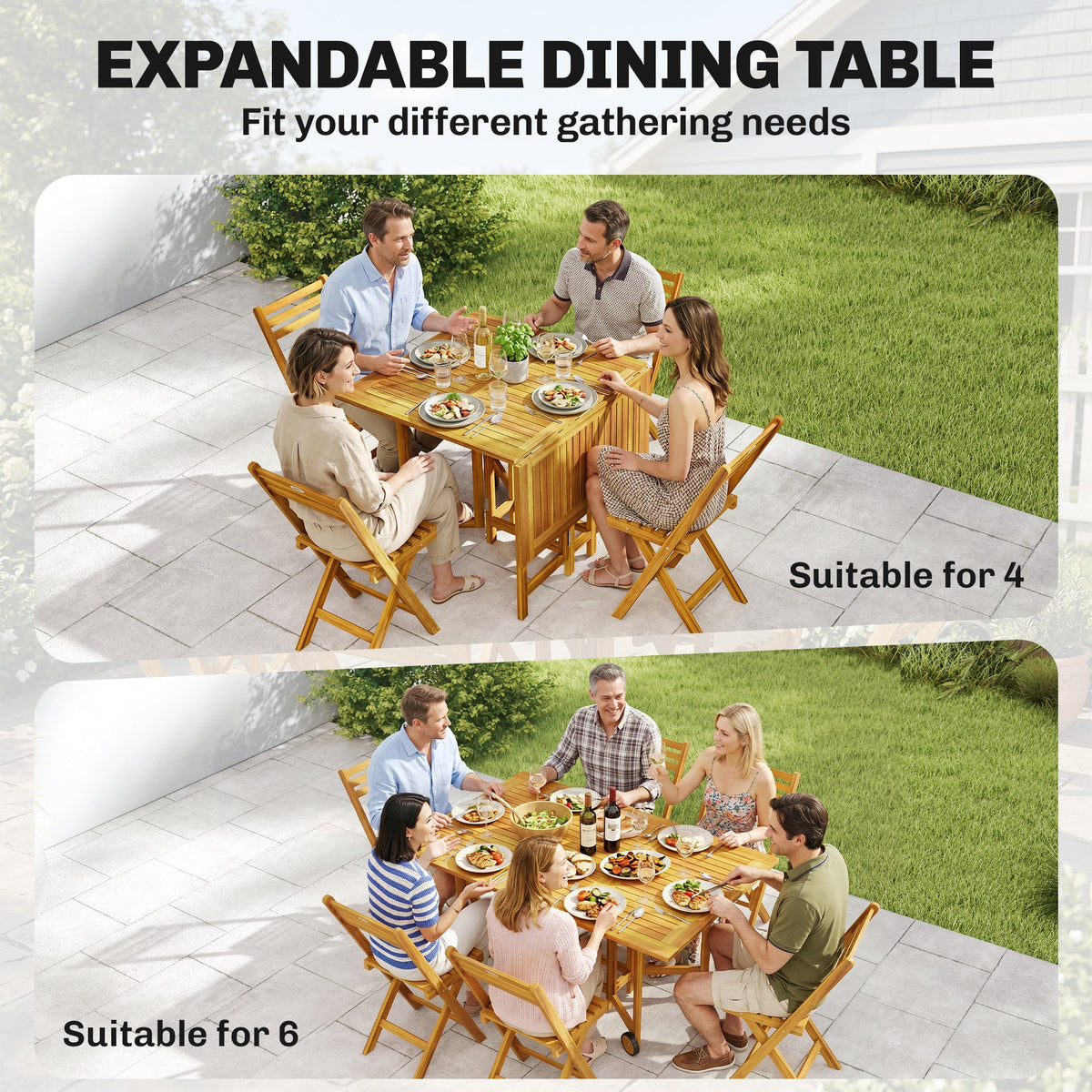 7-Piece Extending Acacia Dining Set with 6 Folding Chairs & Umbrella, Natural — product view 7