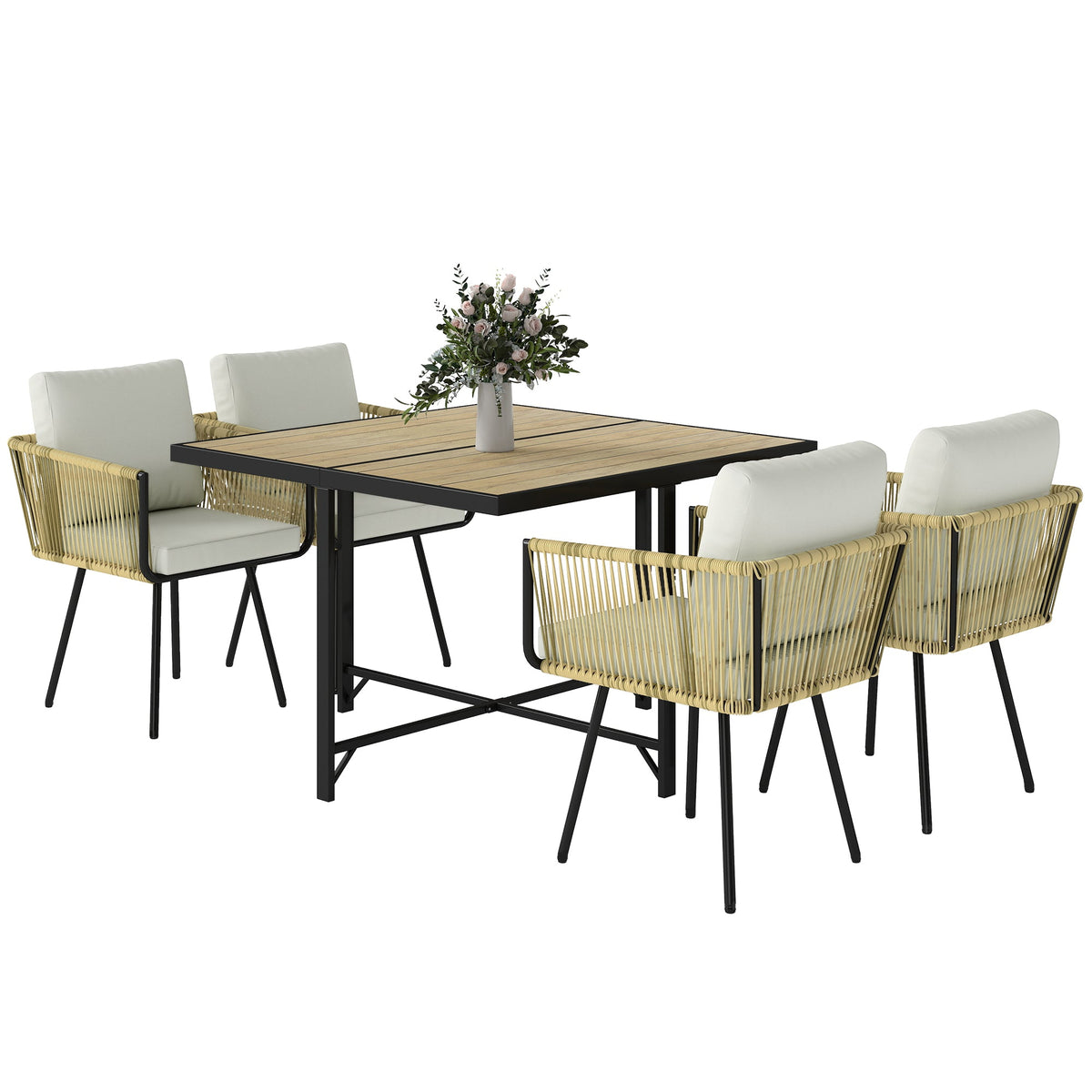 5 Piece Rattan Garden Dining Set with Stackable Chairs, Beige — product view 2