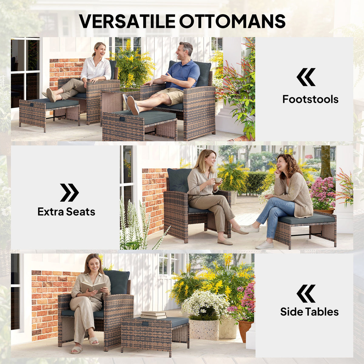 5-Piece Wicker Patio Set with Ottomans and 2-Tier Glass Table, Brown, Dark Grey — product view 7