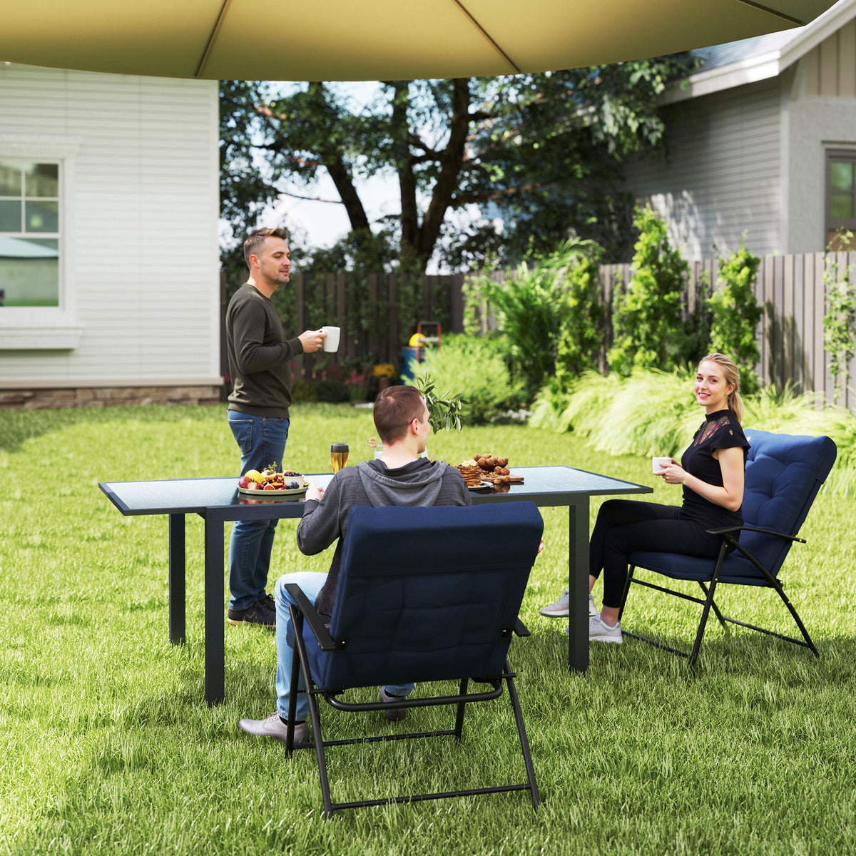 Set of 2 Folding Outdoor Dining Chairs with Adjustable Backrest, Blue — product view 3