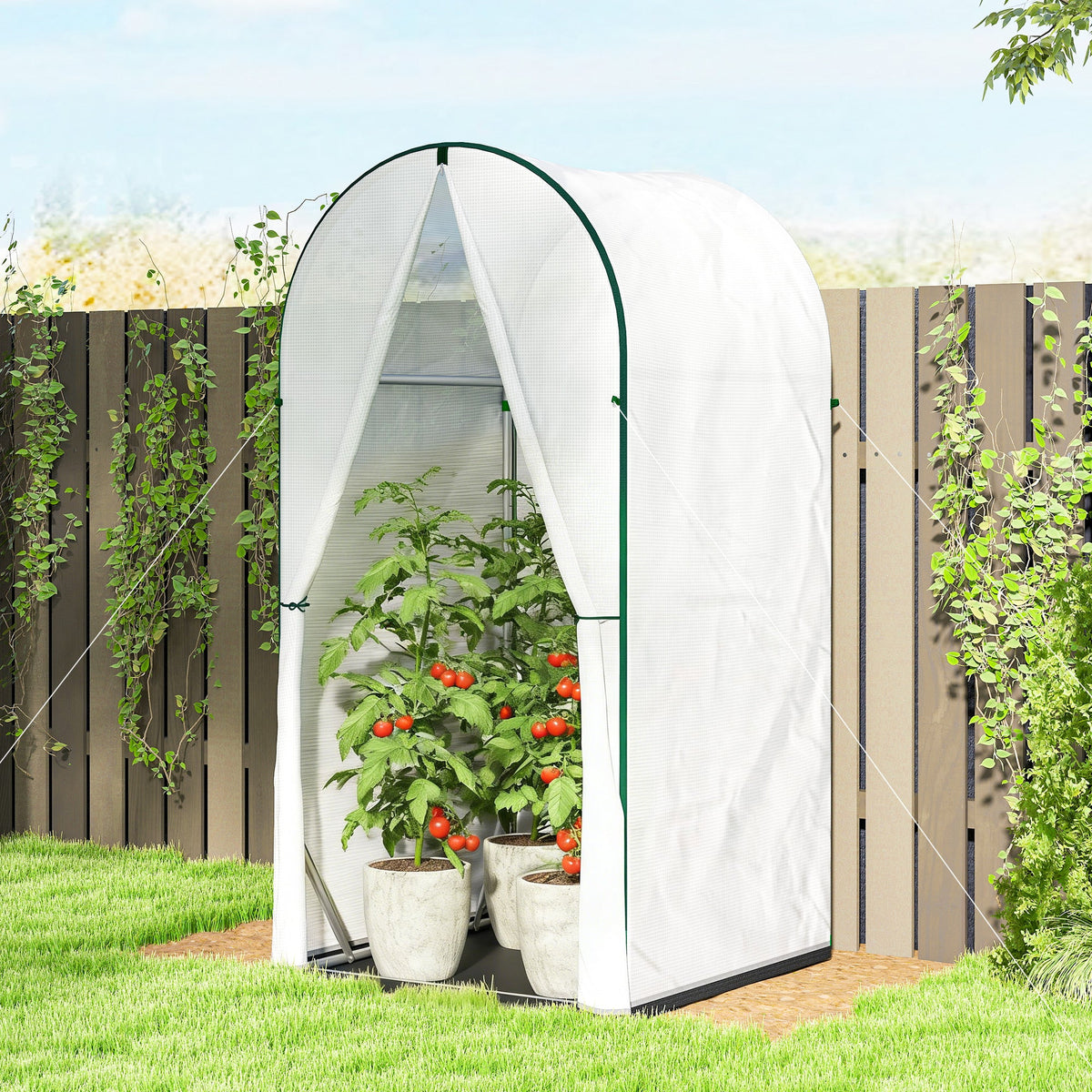 Mini Greenhouse with Roll-Up Door & PE Base, 100 x 100 x 195 cm, White — product view 3