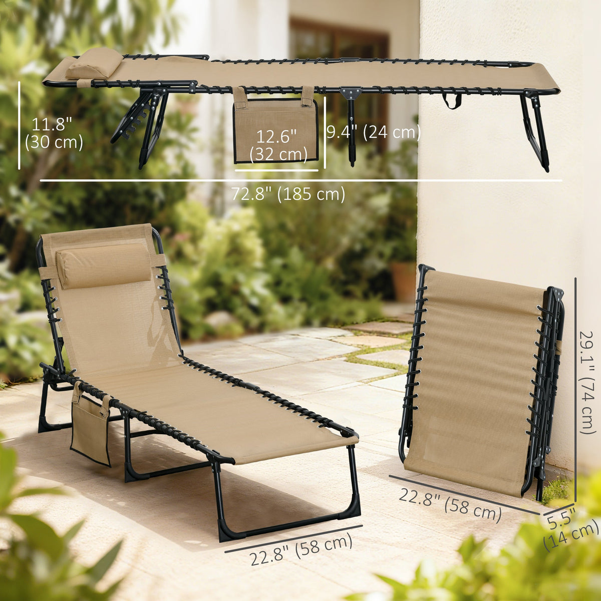 Folding Lounge Chair with Adjustable Backrest and Pillow, Beige — product view 5