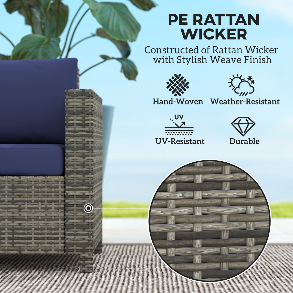 2-Seat Patio Loveseat Wicker Sofa with Cushions, Dark Blue — product view 6