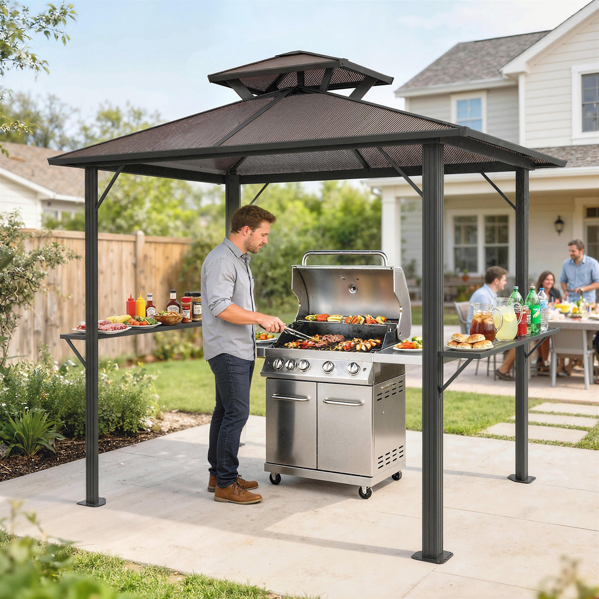 2.5 x 1.5 m Hardtop BBQ Grill Gazebo with 2 Shelves, Brown — product view 4