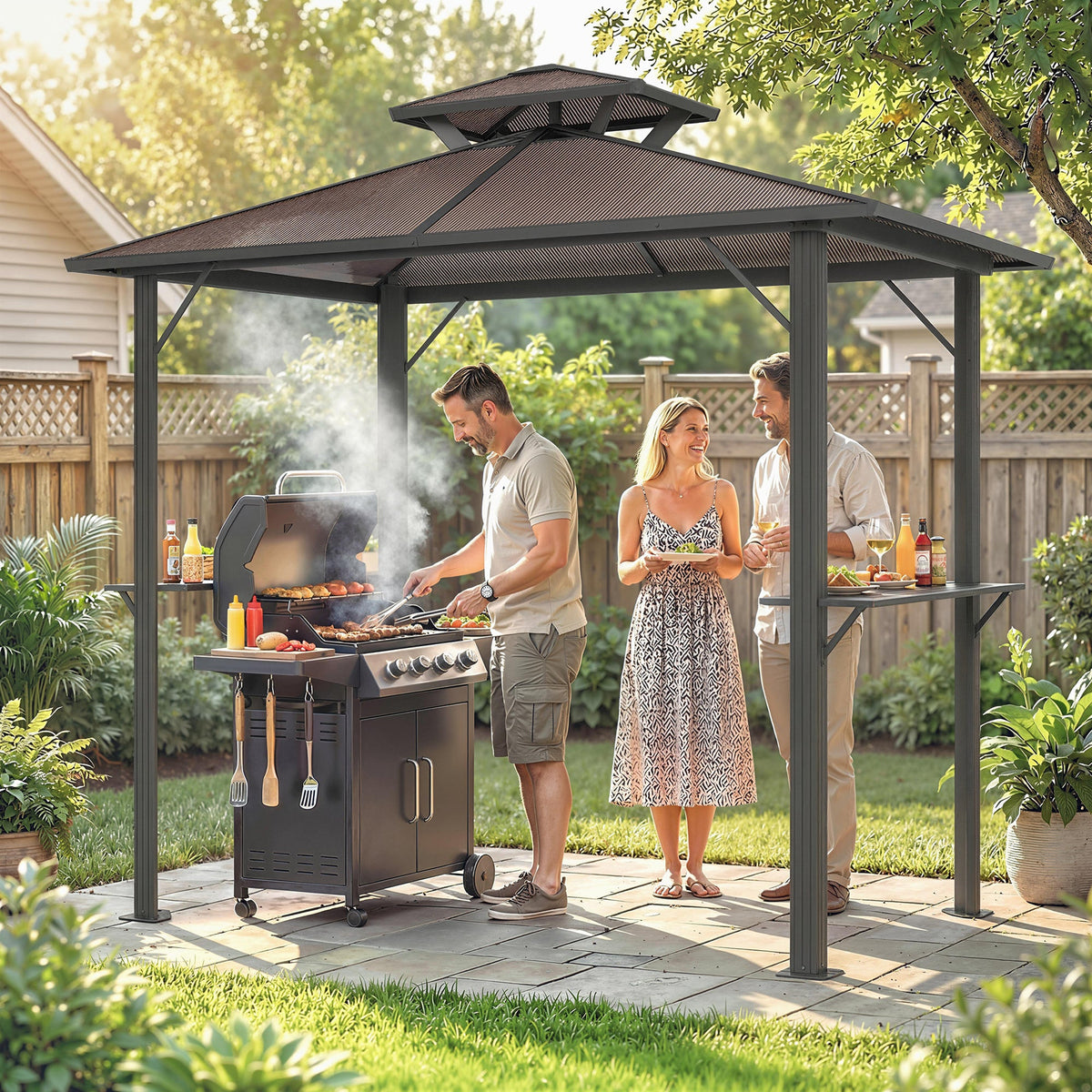 2.5 x 1.5 m Hardtop BBQ Grill Gazebo with 2 Shelves, Brown — product view 3