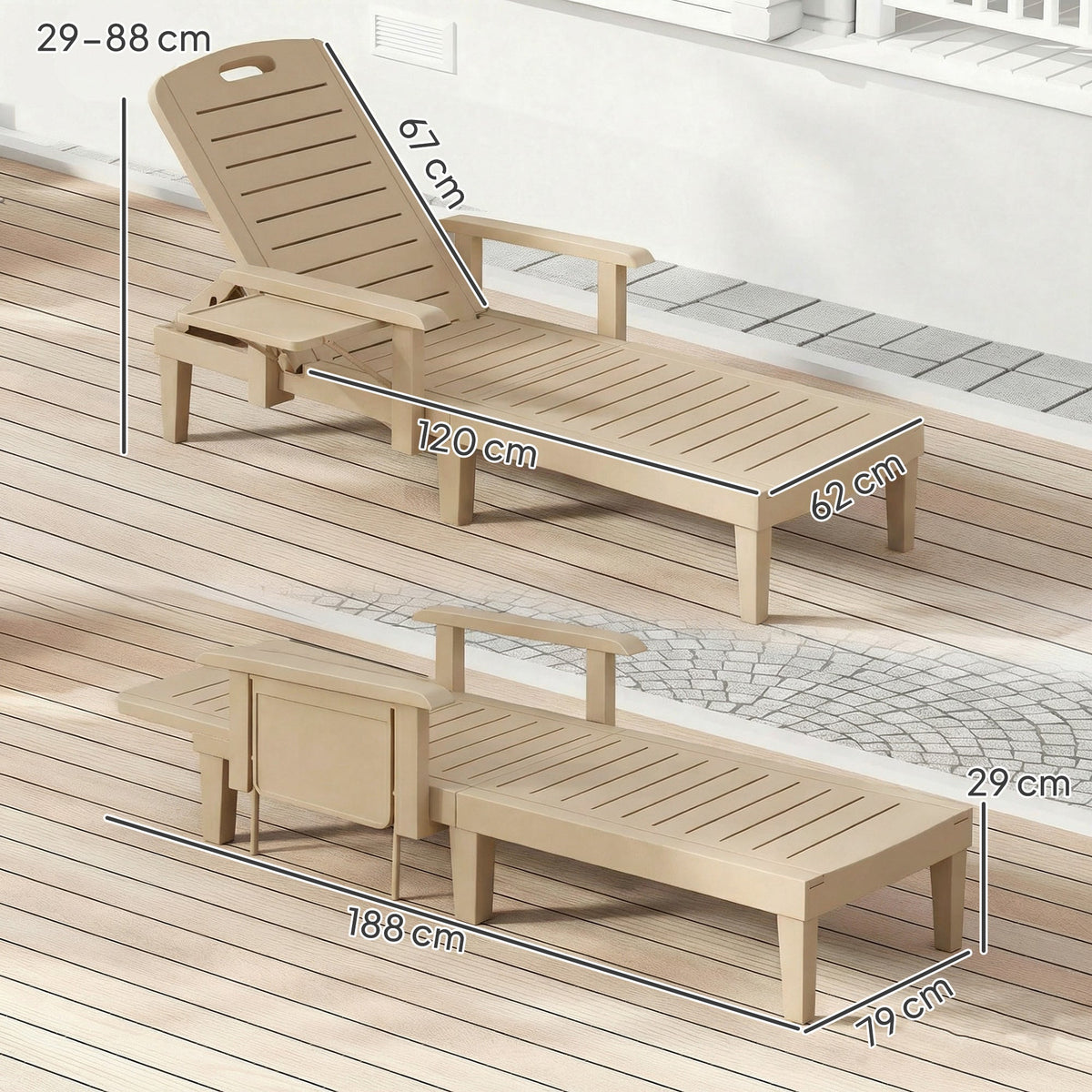Set of 2 Resin Sun Loungers with Foldable Side Table, Khaki — product view 5