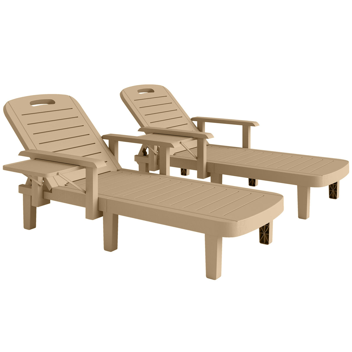 Set of 2 Resin Sun Loungers with Foldable Side Table, Khaki — product view 1