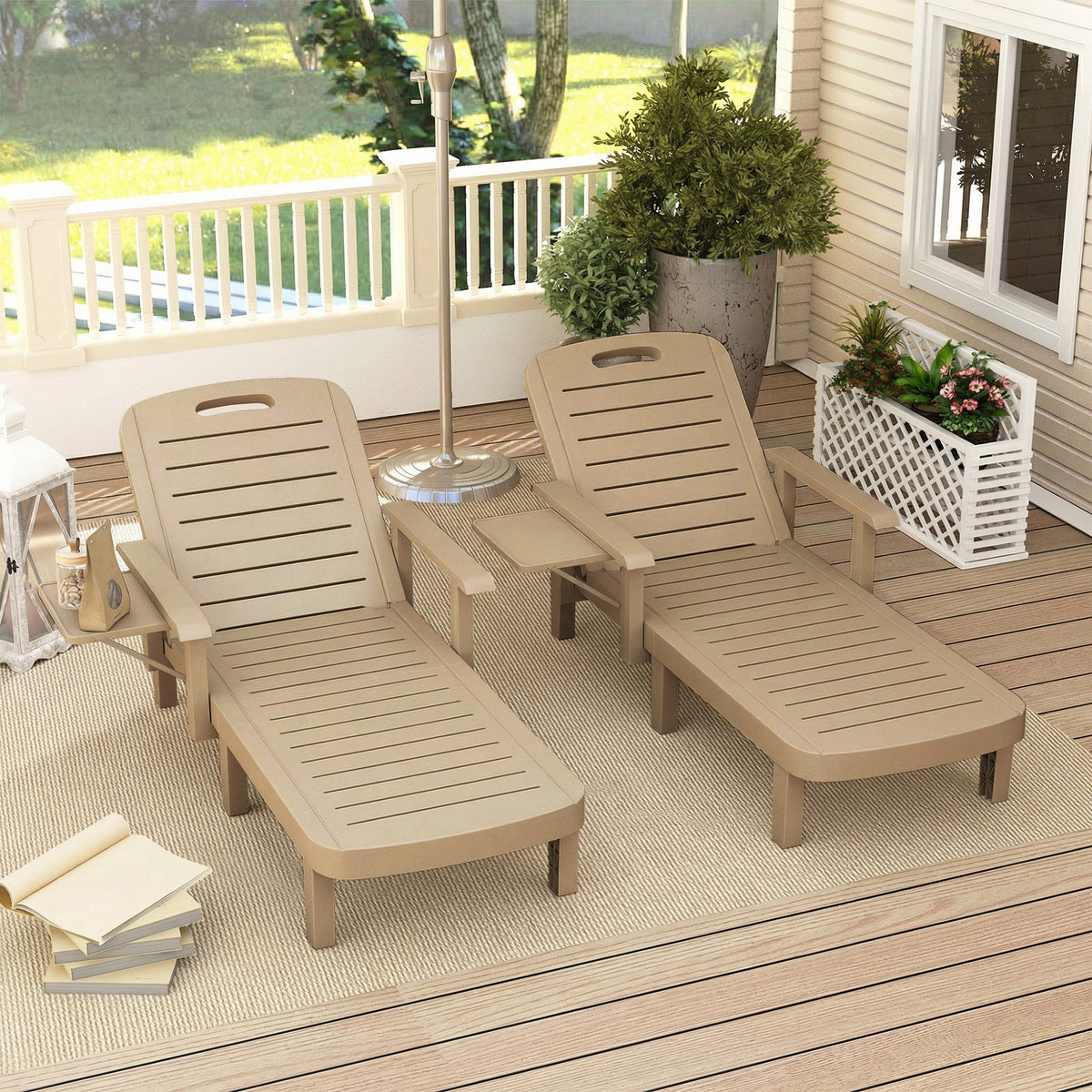 Set of 2 Resin Sun Loungers with Foldable Side Table, Khaki — product view 3
