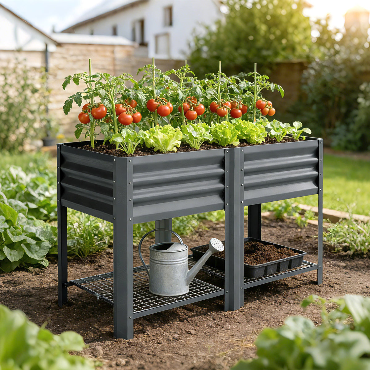 Galvanized Steel Raised Garden Bed with Legs and Storage Shelf, Dark Grey — product view 4