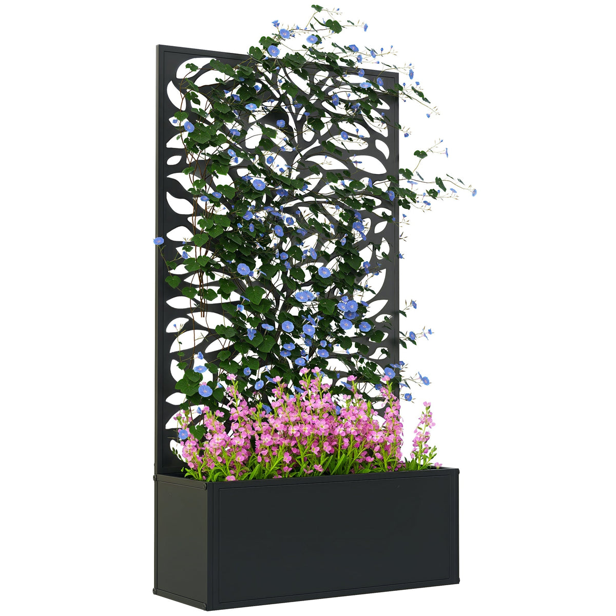 Metal Raised Garden Bed with Trellis Privacy Panel, Leaves Cut-Out — product view 1
