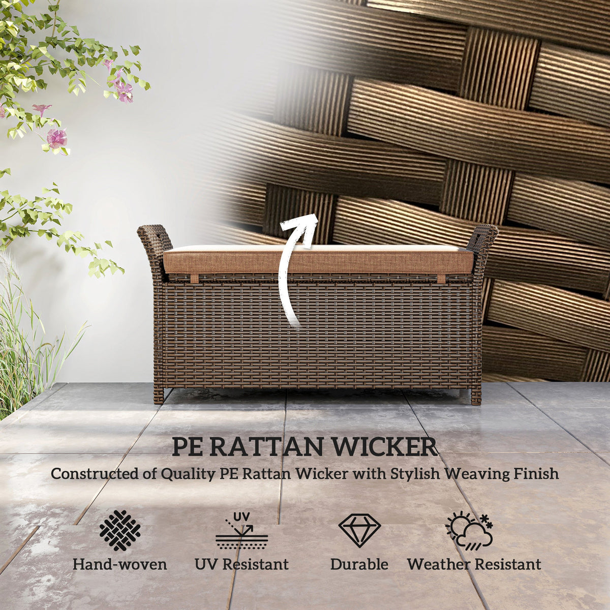 2-in-1 Patio Wicker Storage Bench, 29 Gallon with Cushion, Tan — product view 6