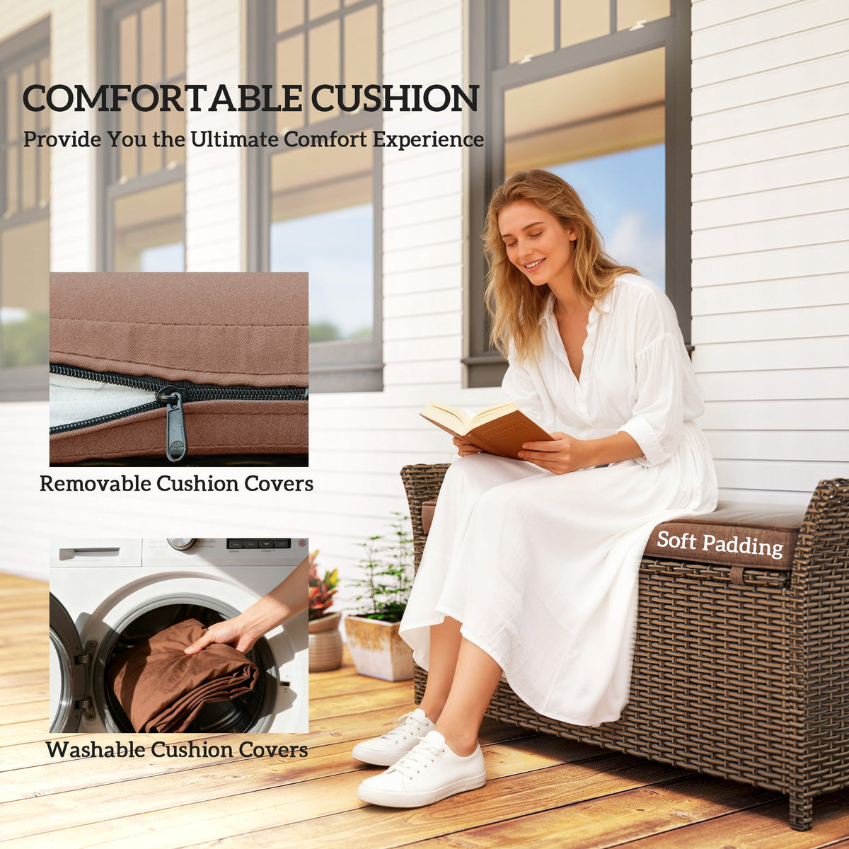 2-in-1 Patio Wicker Storage Bench, 29 Gallon with Cushion, Tan — product view 7