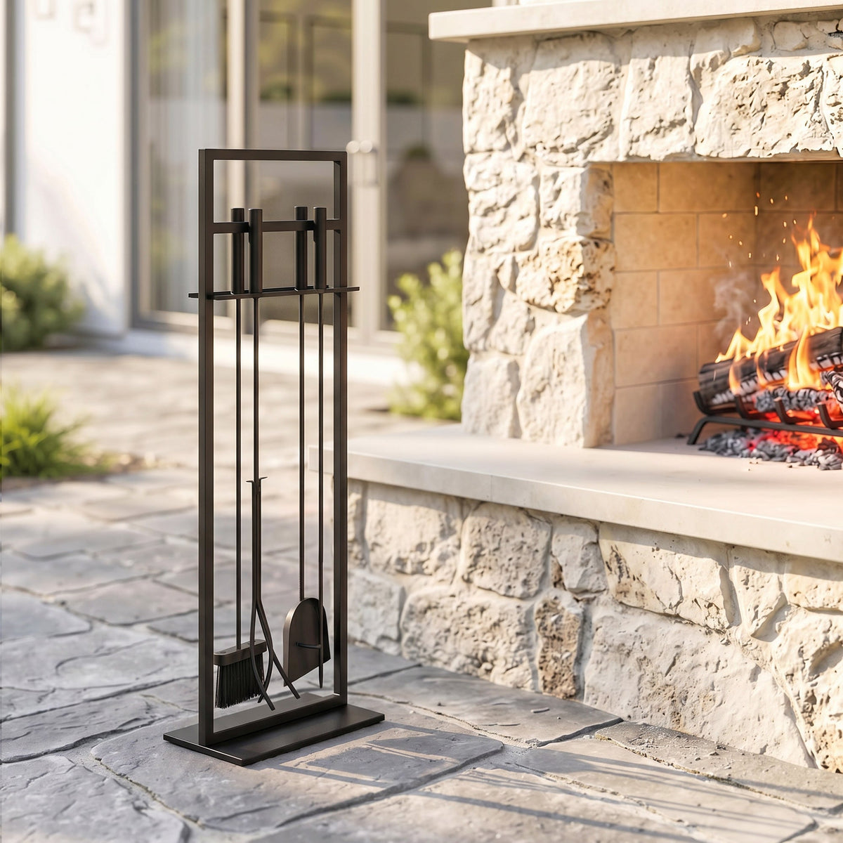 5-Piece Fireplace Tool Set with Brush, Shovel, Poker, Tongs & Stand, Black Metal — product view 3
