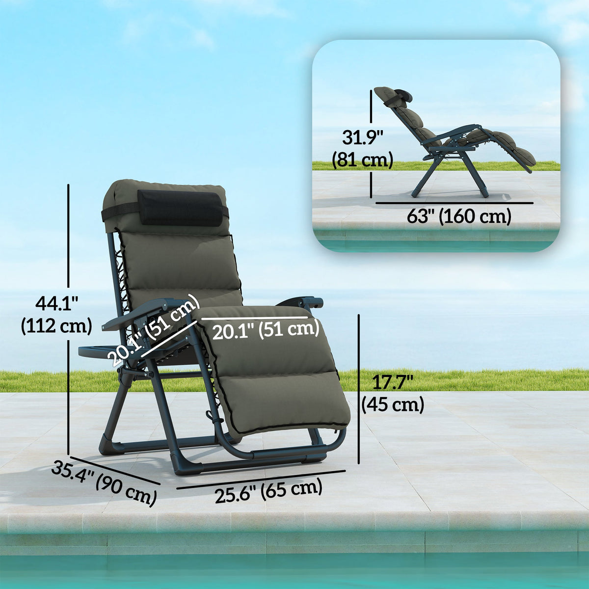 Set of 2 Zero Gravity Chairs with Cup and Phone Holder Tray, Grey — product view 5