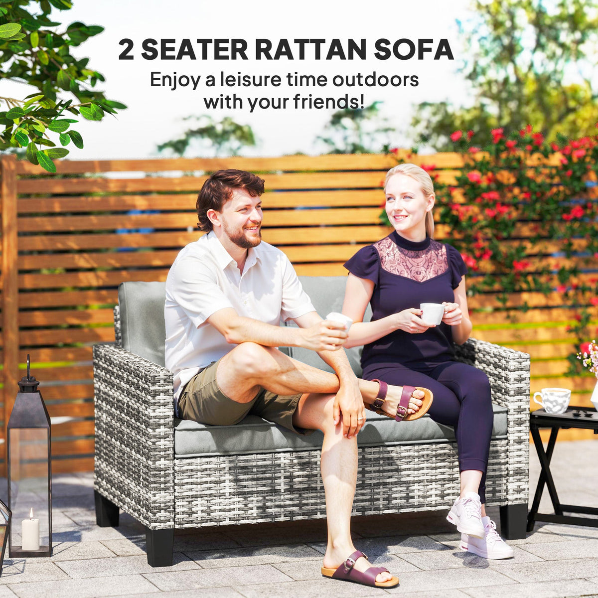 2 Seater Rattan Garden Sofa with Cushions & Armrests, Light Grey — product view 6