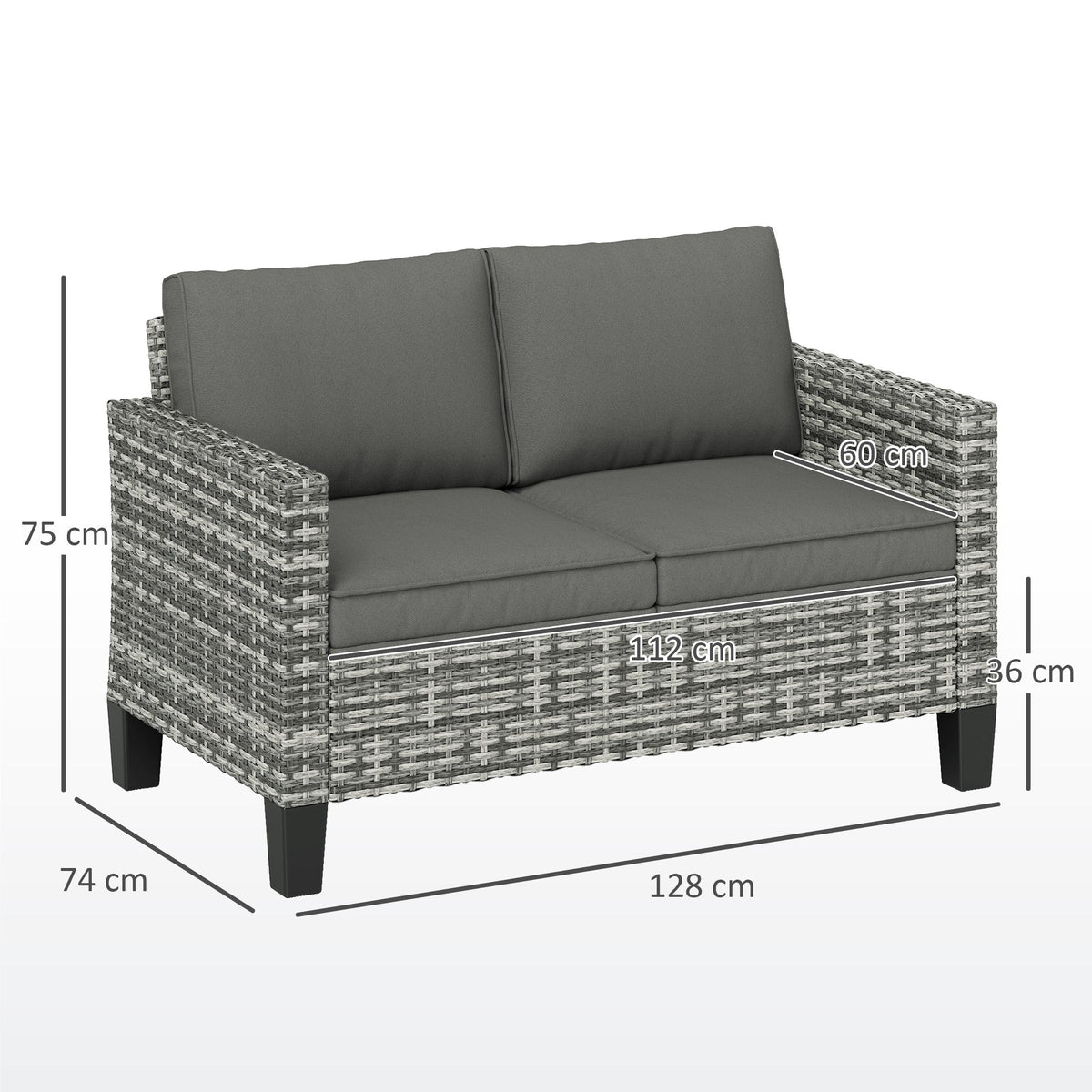 2 Seater Rattan Garden Sofa with Cushions & Armrests, Light Grey — product view 5