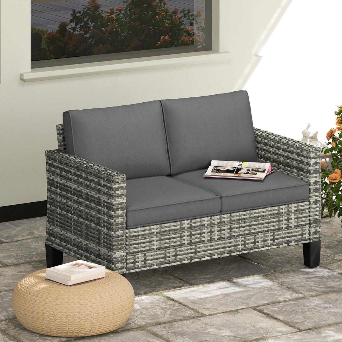 2 Seater Rattan Garden Sofa with Cushions & Armrests, Light Grey — product view 3
