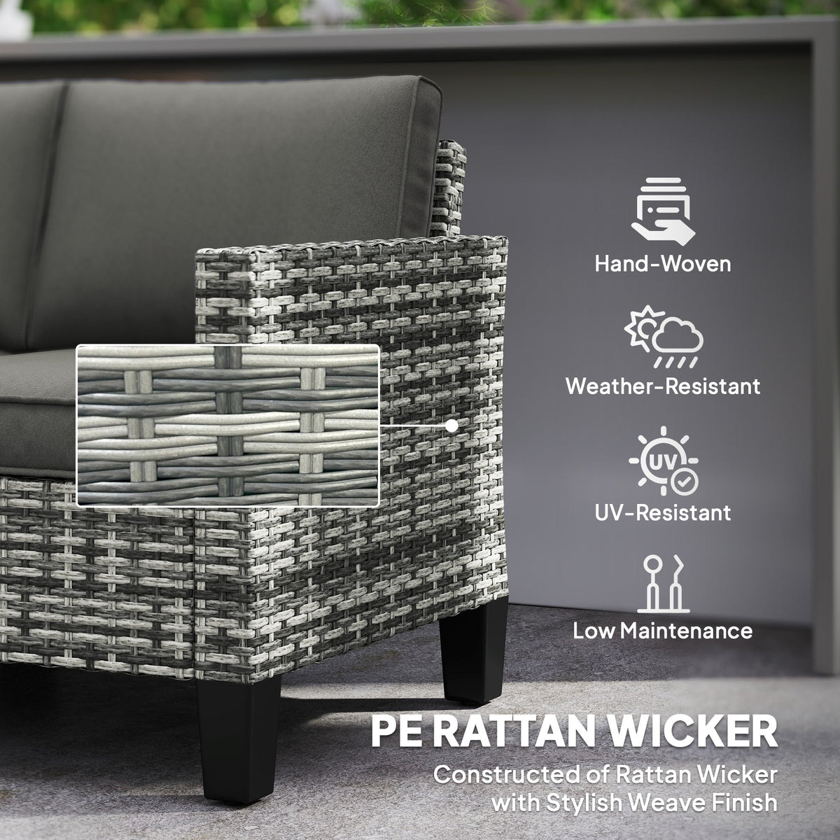 2 Seater Rattan Garden Sofa with Cushions & Armrests, Light Grey — product view 7