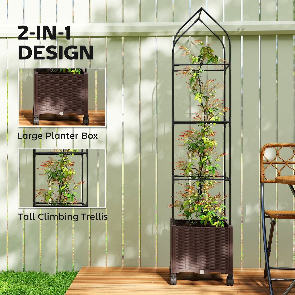 Self Watering Raised Garden Bed with Trellis & Wheels, Brown — product view 6