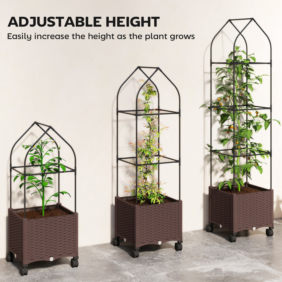 Self Watering Raised Garden Bed with Trellis & Wheels, Brown — product view 7